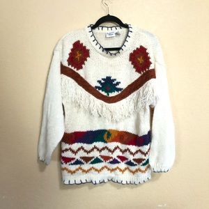 Vintage L Grandma Sweater Oversized Western Knit Sweater Country Fringe